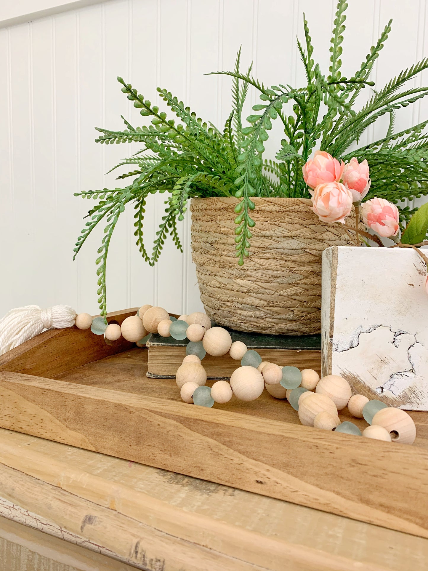 Wood+Glass Decor Bead Strand with Ivory Tassel