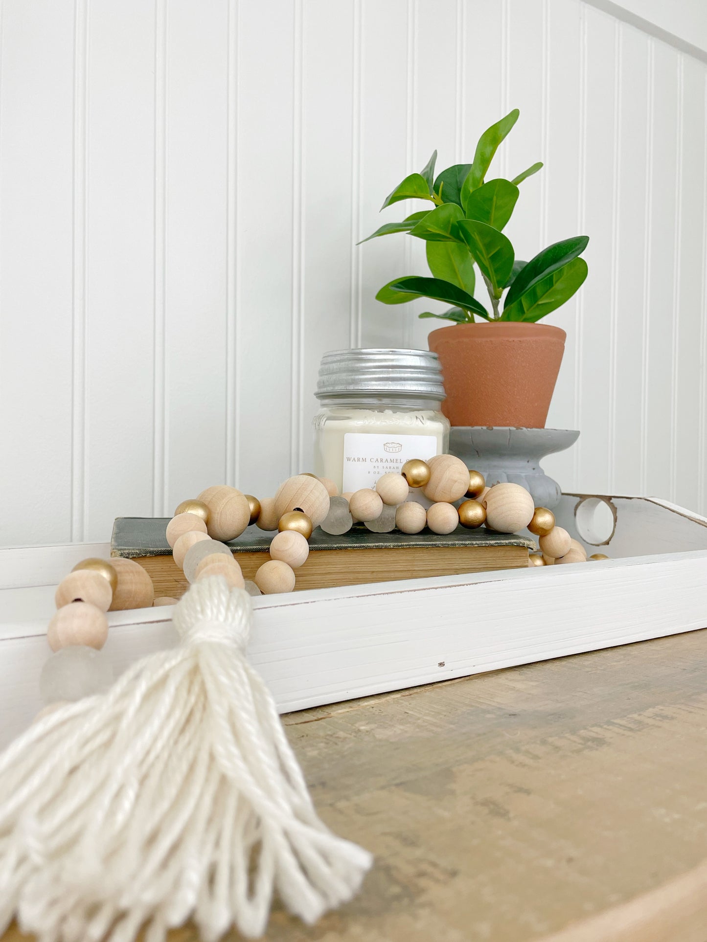 Wood+Glass Decor Bead Strand with Ivory Tassel