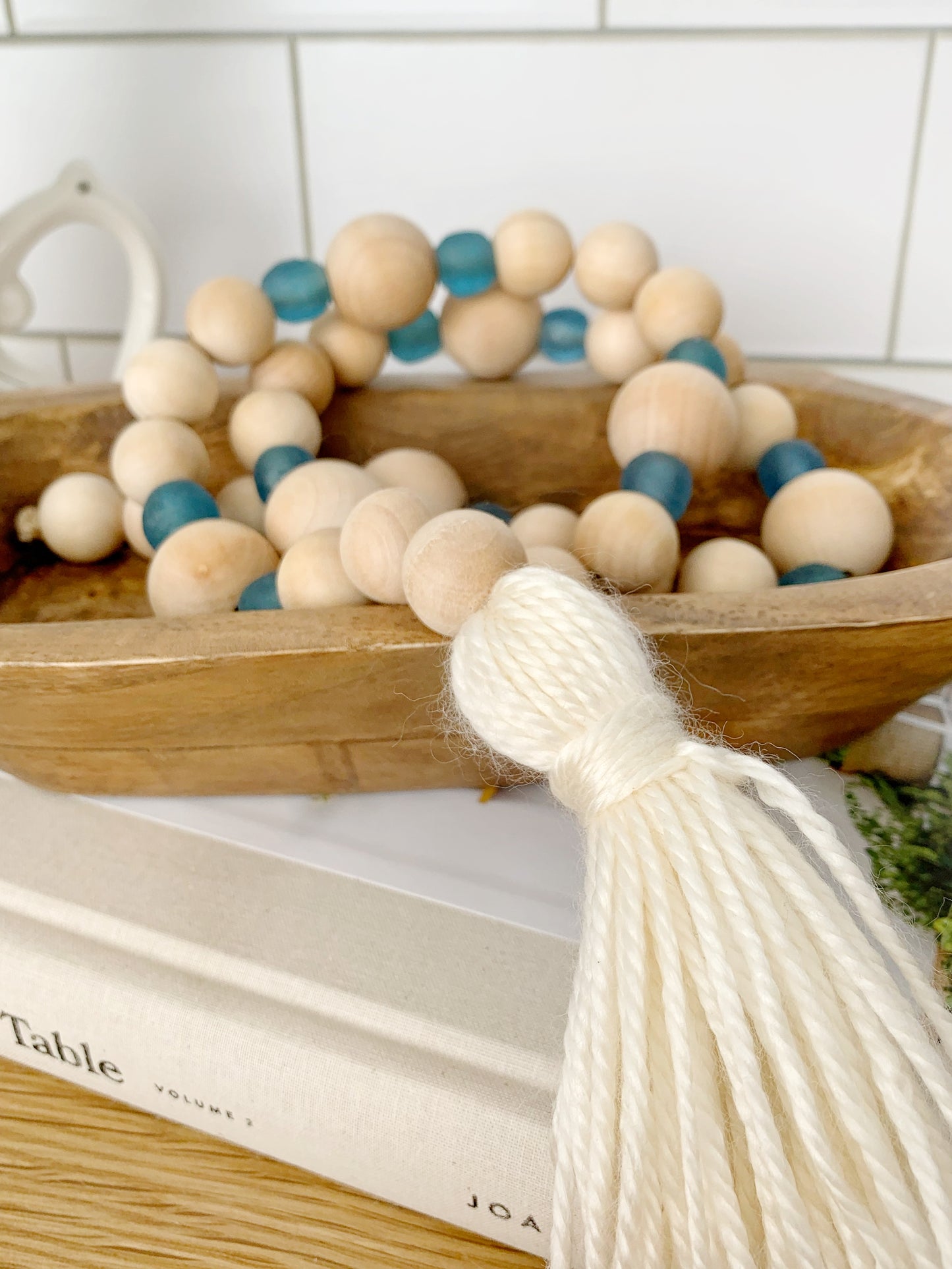 Wood+Glass Decor Bead Strand with Ivory Tassel