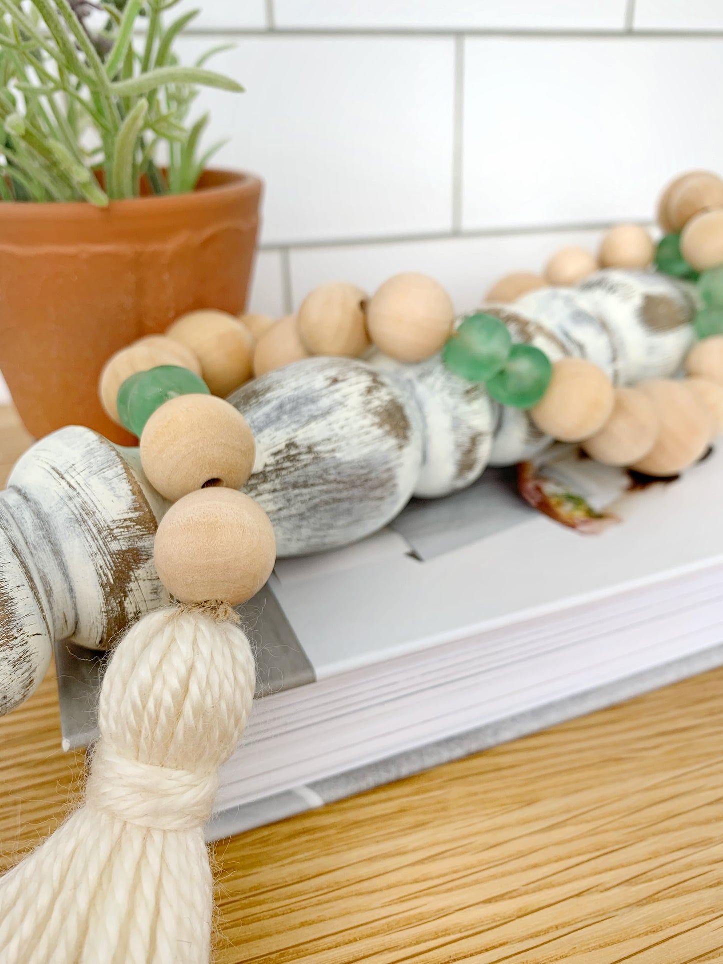 Wood+Glass Decor Bead Strand with Ivory Tassel