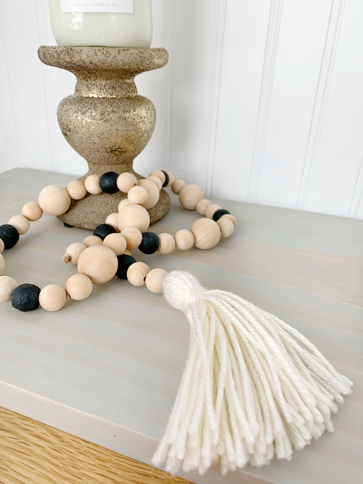 Wood+Glass Decor Bead Strand with Ivory Tassel